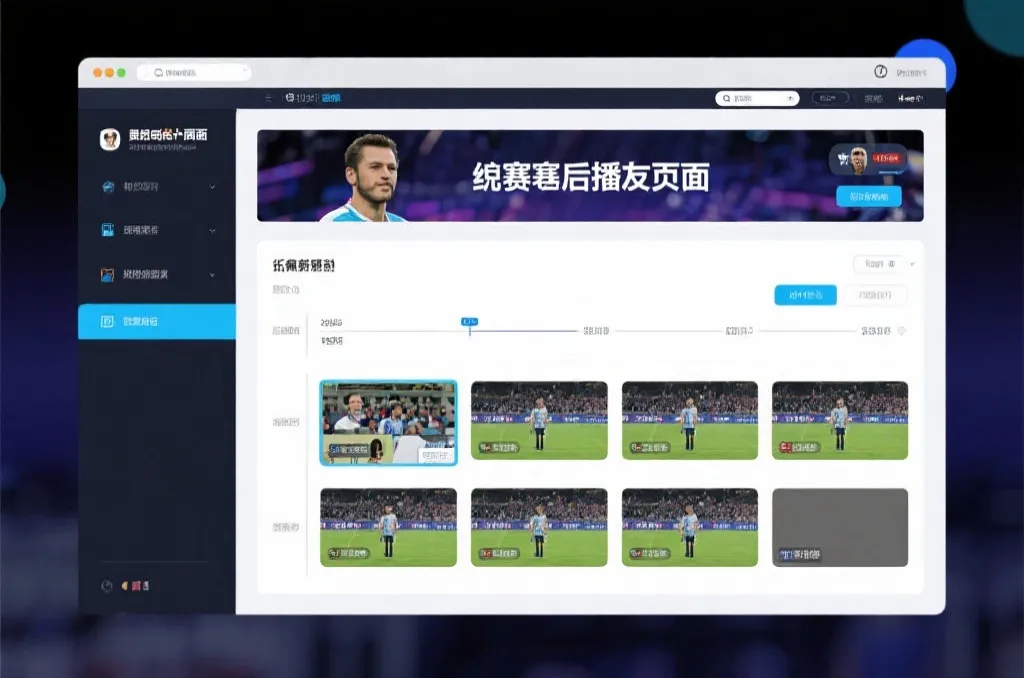 比赛结束后，电视屏幕展示集锦回放页面，旁边有时间轴和多角度切换提示